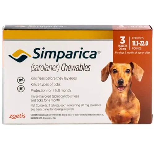 Rx Simparica 20mg for Dogs 11.1-22 lbs 3 Chewable Tablets