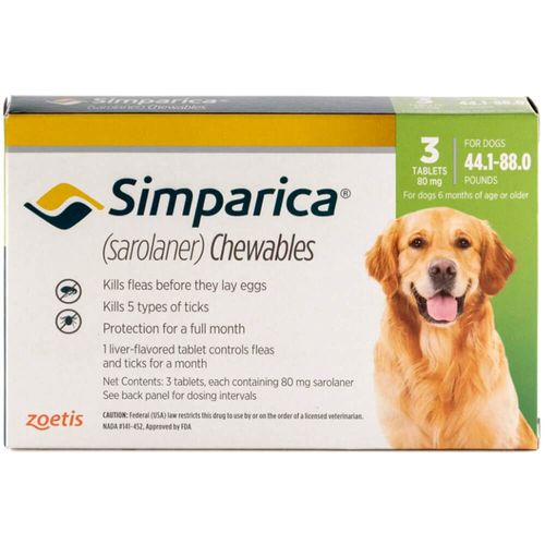 Rx Simparica 80mg for Dogs 44.1-88 lbs 3 Chewable Tablets