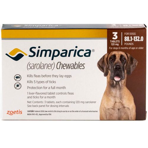 Rx Simparica 120mg for Dogs 88.1-132 lbs 3 Chewable Tablets